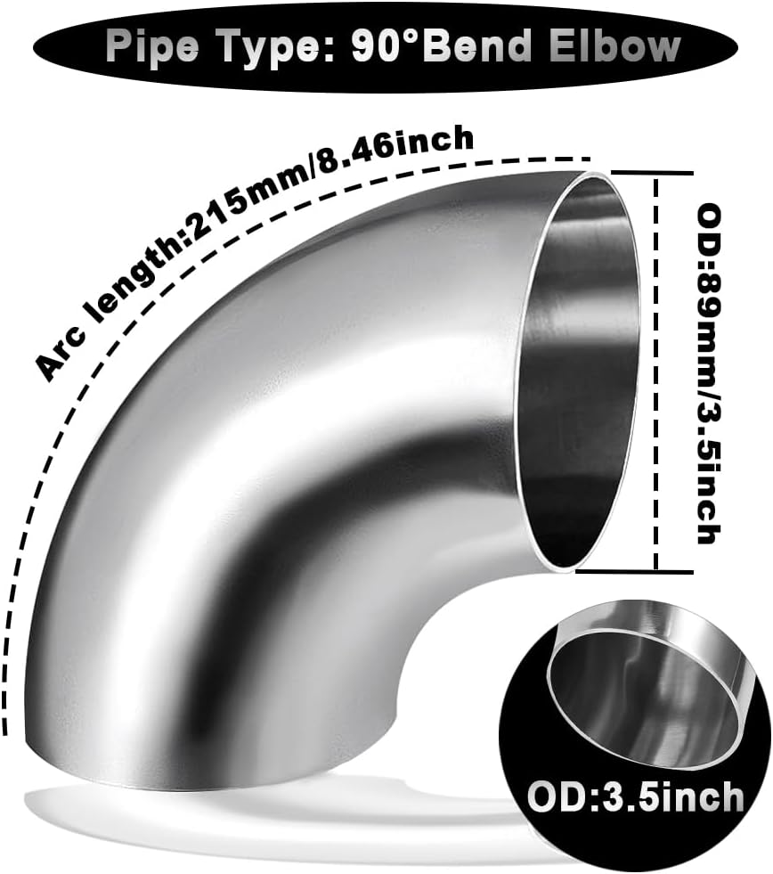 Cotonake OD 3.5 Inch 90 Degree SS304 Stainless Steel Bend Tube Exhaust Elbow Pipe for Car Modified Exhaust System 3.5" Piping Silver Tone，Stair Handrail (1pcs)