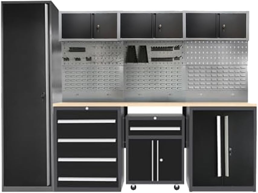 JZD Garage Storage Cabinet System, Lockable Tool Workbench Set for Workshop, Rolling Chest Included, Wall Mounting Not Necessary