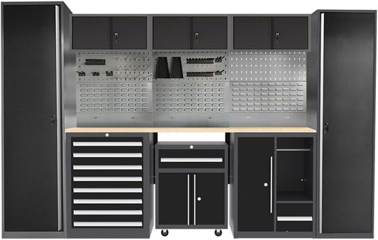 Steel Garage Workbench with Storage and Cabinets, Tool Organization, for Utility Room Workshop, Black and Grey