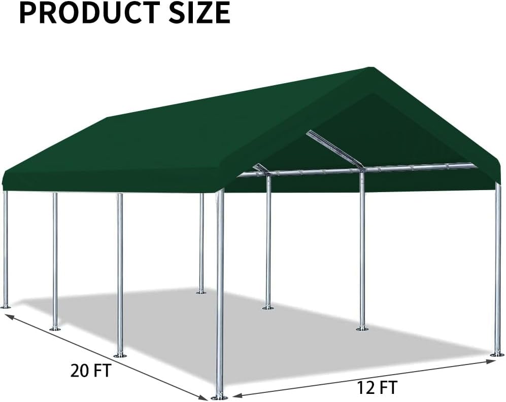 12'x20' Upgraded Carport Replacement Top Canopy Cover for Car Garage Shelter Tent Party Tent with Ball Bungees Green (Only Top Cover, Frame is not Included)
