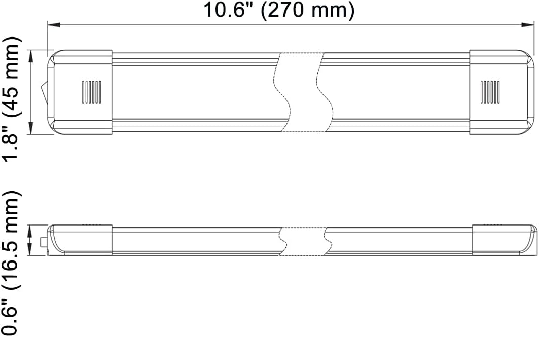 LED Interior Utility Light Fixture 10.6" x 2.6", High Lumen-Output Low Current Draw Energy Efficient, Frosted Lens 6000K Cool-White Even Diffused Beam, On/Off Rocker Switch 12V-24V DC, 1-Pack