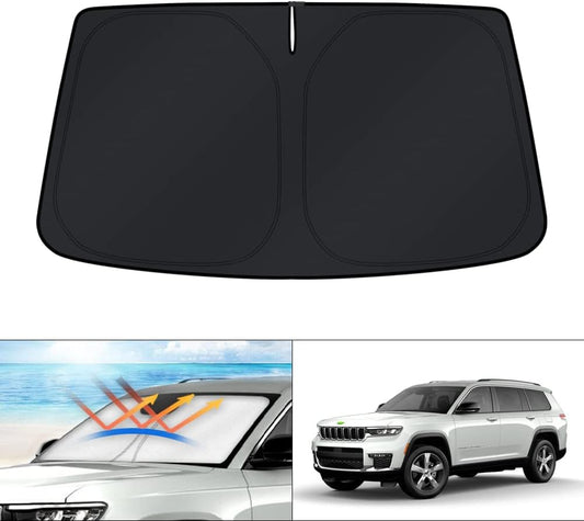 KUST Windshield Sun Shade for 2021-2024 2025 Jeep Grand Cherokee/Grand Cherokee L Accessories SUV Window Sunshade Sun Visor Protector Foldable Blocks UV Rays Keep Your Car Cooler