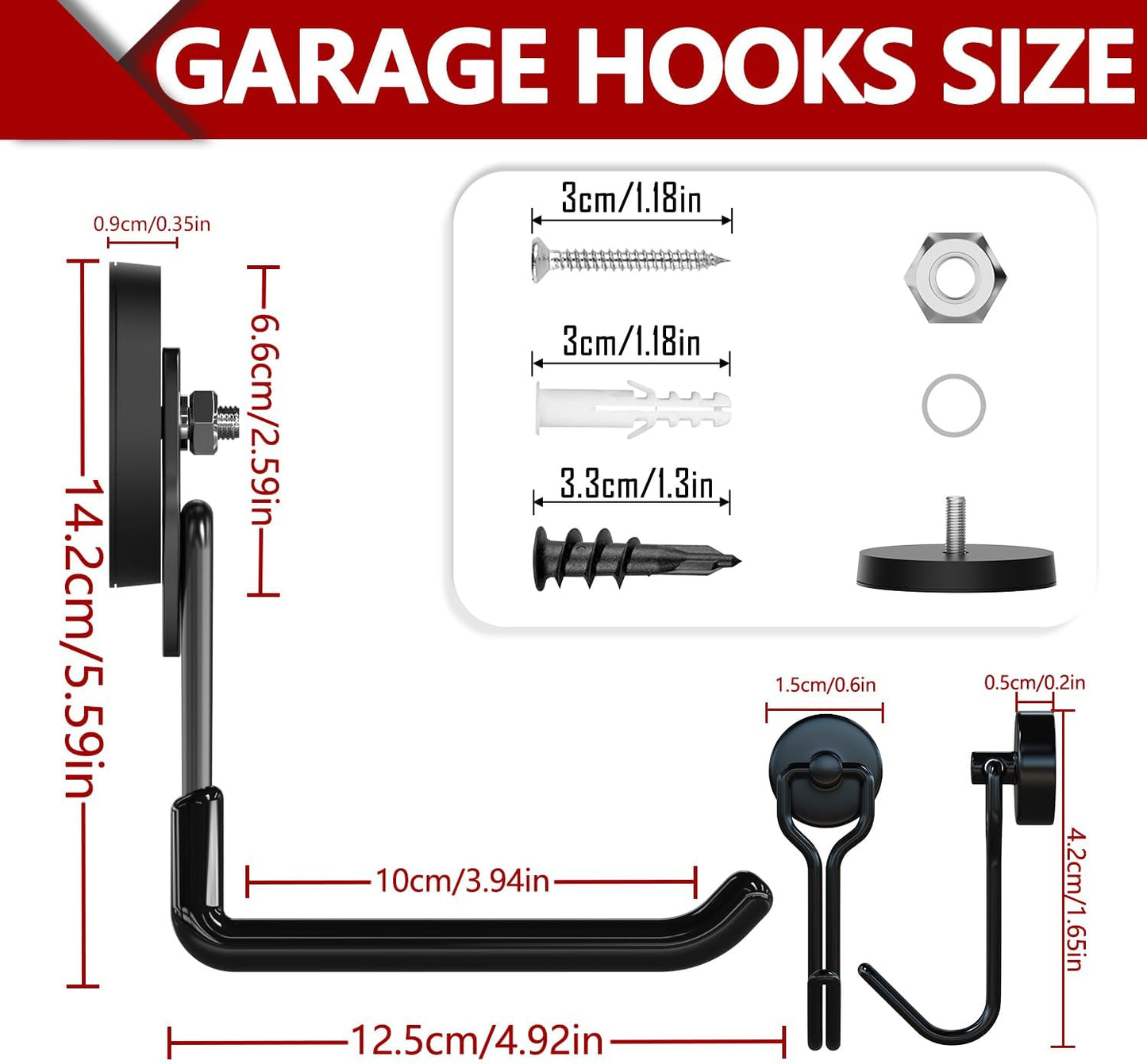 3-H Heavy Duty Magnet Garage Hooks 4 Pack, Extra Large Strong Magnetic Hooks for Hanging Cordless Power Drill, Utility Magnetic Tool Holder for Metal Cabinet, Steel Pegboard, Toolbox, Garage(Black)