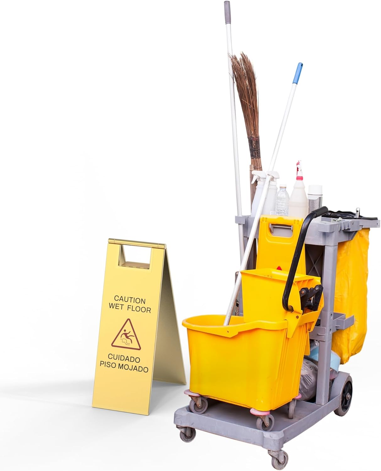 Stainless Steel Wet Floor Sign 2 Pack, 24 Inch Double-Sided Foldable Caution Sign with Handle, 8.8 lb Bilingual Warning for Restaurant, Office, Commercial Cleaning Use, Gold