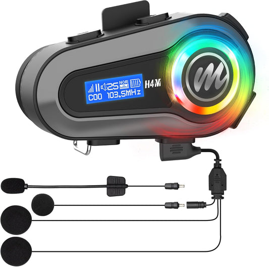 Moman Motorcycle Helmet Headset, H4M with 【LCD Screen & 6 EQ Sound】 Motorbike Helmet Speaker Single Person Use BT5.3 Headphone with HiFi Stereo FM Radio AI Voice Assitant IPX6 Waterproof