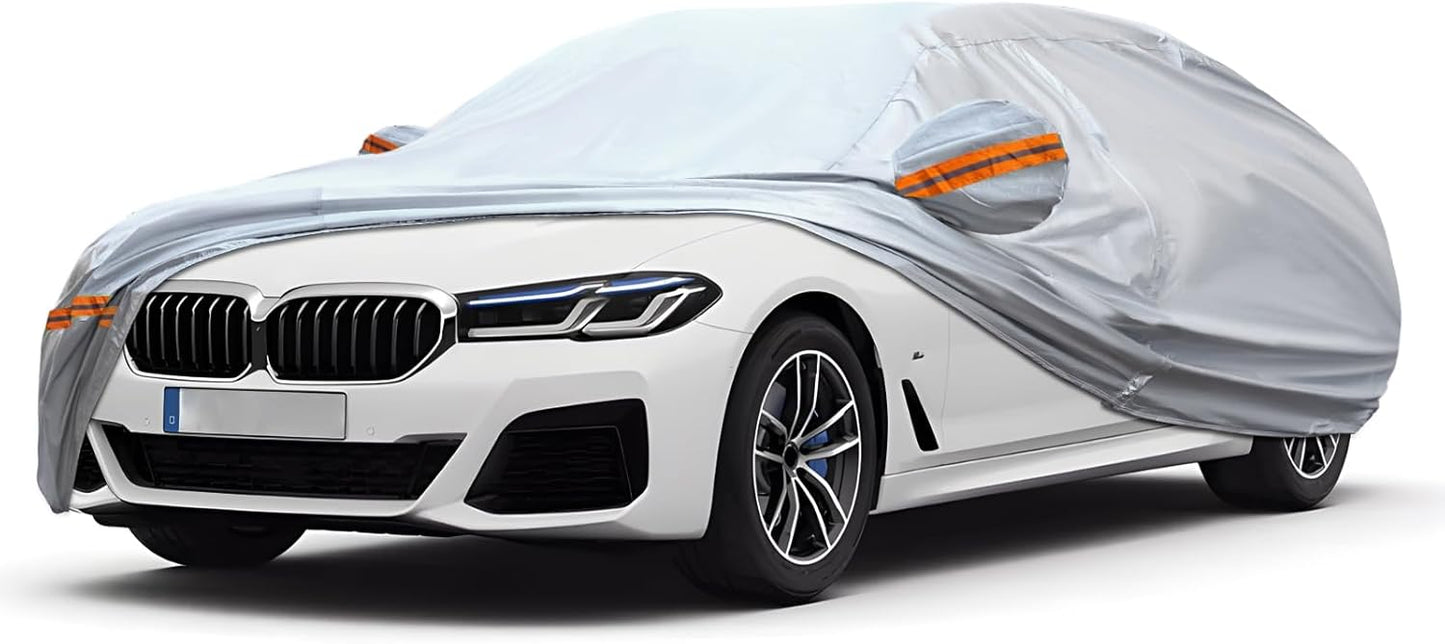 KEYOOG Car Cover, Fit for 188"-198" Length Sedan, 6-Layer All-Weather Waterproof, Universal in All Seasons, Snow Prevention, Rainproof, Acid Rainproof, Sunscreen, Orange Reflective Strip