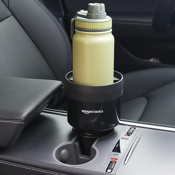 Amazon Basics Car Cup Holder Expander with Adjustable Base, Fits Large Bottles 3.4 to 3.8 in Diameter, Securely Holds Yeti, Hydro Flask and More, Black