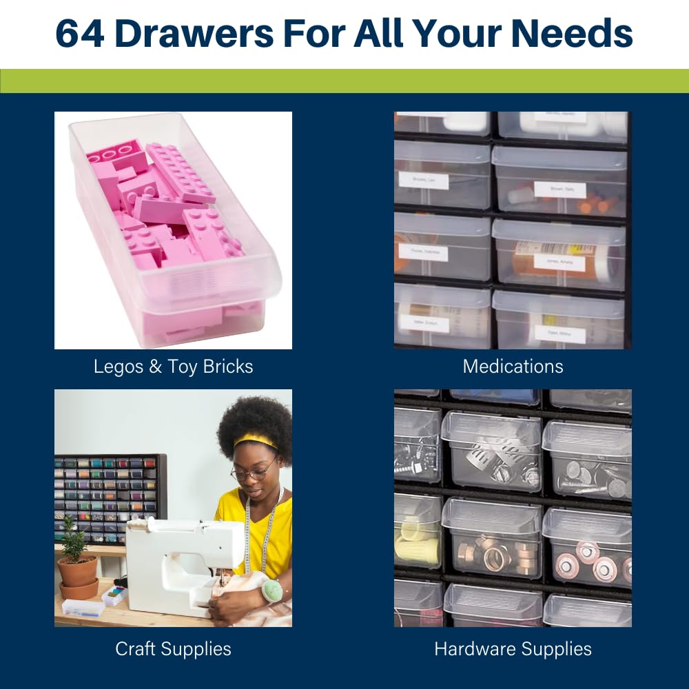 Akro-Mils 64-Drawer Plastic Drawer Storage Cabinet for Garage Organization, Bead Organizer, Building Bricks Storage, Teacher Toolbox, Makeup Organizer, 20-Inch W x 6-Inch D x 16-Inch H, 10164 White