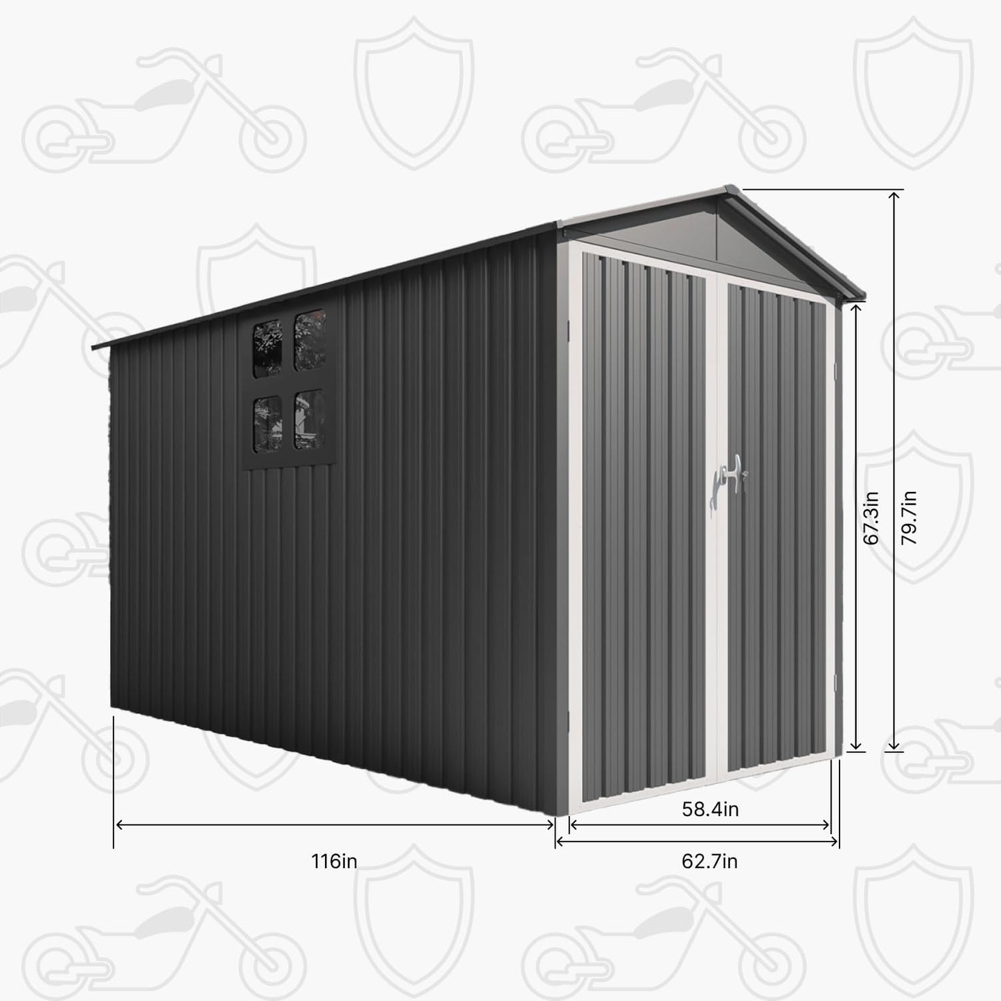 5’ x 10’ Motorcycle Storage Sheds, Metal Shelter & Garage with Windows and Lockable Door Handle, Heavy Duty Vehicle Shed for All Weather, Track System Included, Anthracite with White Trim