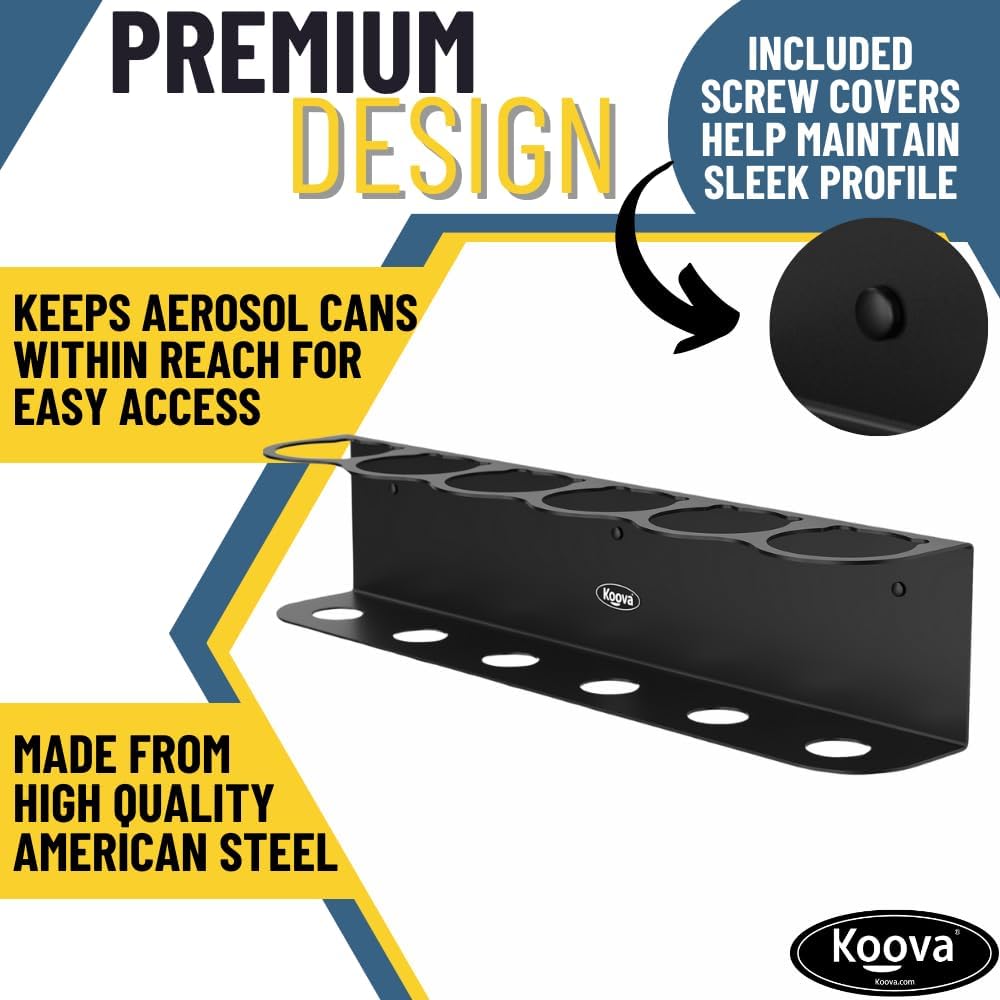 Koova 6 Aerosol Spray Can Holder | Easy Install Wall Mount | Heavy-Duty Powder Coated Steel Storage Rack for Garage & Home | Craft Workspace Paint Bottle Organizer | Hardware Included | USA Made