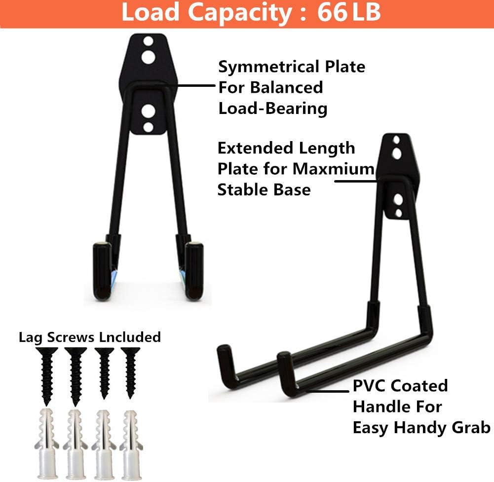 Wall Mount Heavy Duty Double Utility Tools Hooks with Anti-Slip Coating for Garage Storage Organizer Shovels Chair Hose, Pack of 4