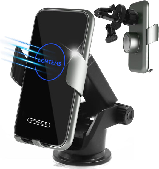 15W Fast Car Mount Charger, Charging Wireless Car Charger Phone Mount Phone Stand, Car Charger for iPhone 15 14 13 12 11 Pro Max, Samsung etc Windshield Dashboard Air Vent Auto Clamping Phone Holder