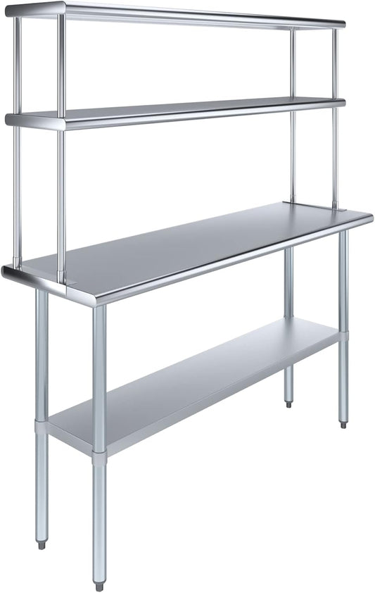 Amgood Stainless Steel Work Table Double Tier Overshelf | Metal Kitchen Prep Table & Shelving Combo (18" x 60" Work Table + 12" Overshelf)