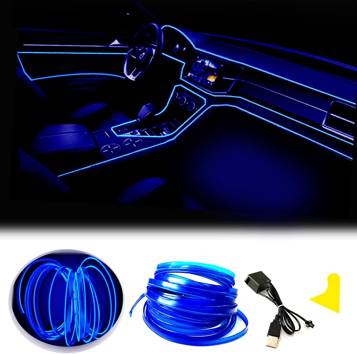 El Wire Blue Interior Car LED Strip Lights, 3M Neon Wire USB 5V with Fuse Protection for Automotive Interior Decoration, with 6mm Sewing Edge