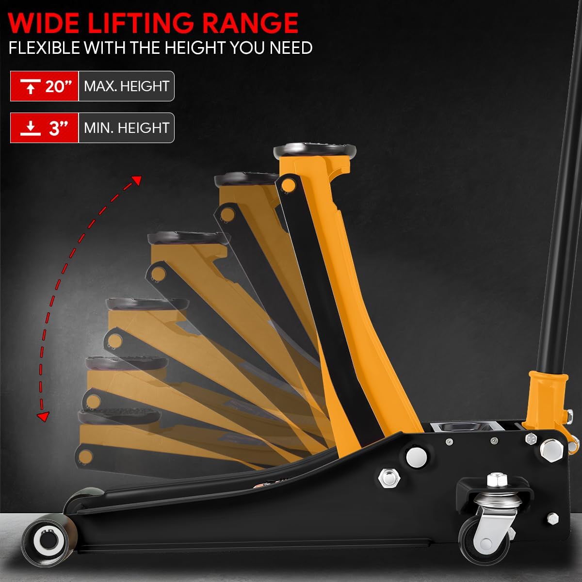 DNA MOTORING Low Profile Hydraulic Trolley Service/Floor Jack, 3 Ton (6000 lbs) Capacity Heavy Duty Hydraulic Car Jack, Lifting Range 3"-20", Orange, TOOLS-00475-OG