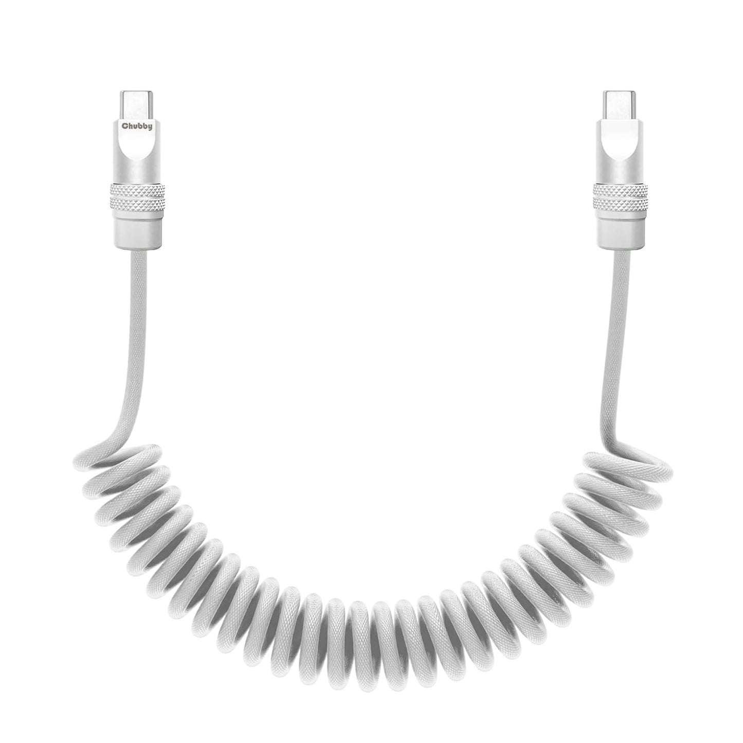 chubbycable Curly Chubby - Retractable Fast Charging Cable 240W Coiled Charger Cord for Car Durable USB-C Cable for Phones, Tablets and More, White, Type-C to Type-C, 1.3FT-2.3FT