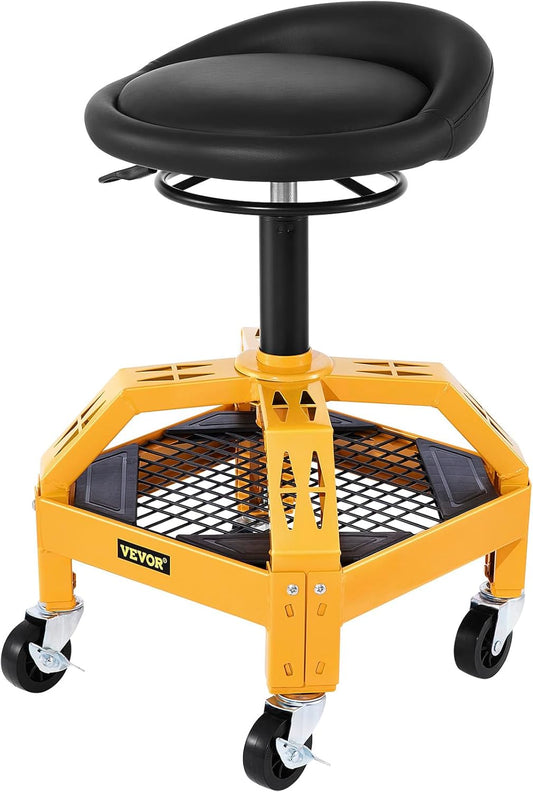 VEVOR Rolling Garage Stool, 300LBS Capacity, Adjustable Height from 24 in to 28.7 in, Mechanic Seat with 360-degree Swivel Wheels and Tool Tray, for Workshop, Auto Repair Shop, Yellow