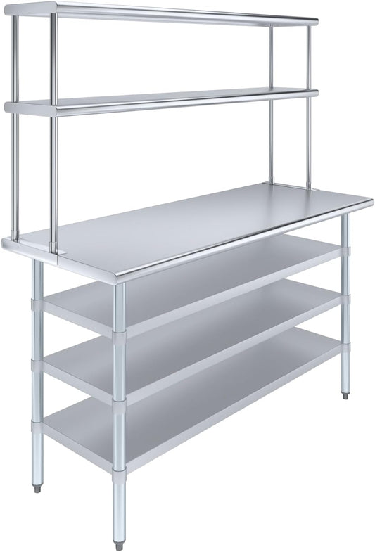 Amgood 24" x 60" Stainless Steel Work Table with 3 Shelves and 12" Wide Double Tier Overshelf | Metal Kitchen Prep Table & Shelving Combo | NSF