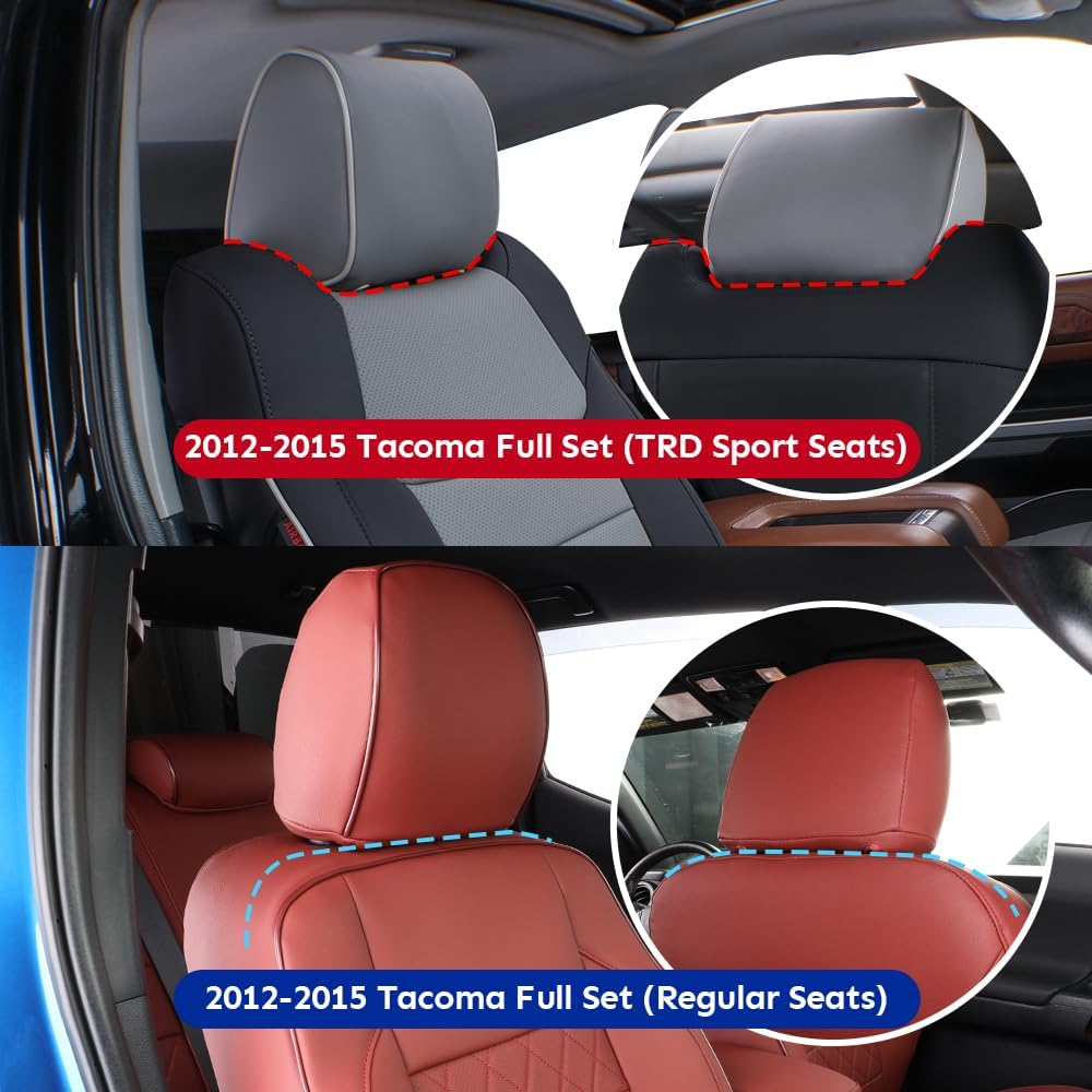EKR Custom Fit Tacoma Leather Car Seat Covers for Select Toyota Tacoma 2012 2013 2014 2015 (TRD Sport Seats)- Full Set, Leathere (Black/Gray)