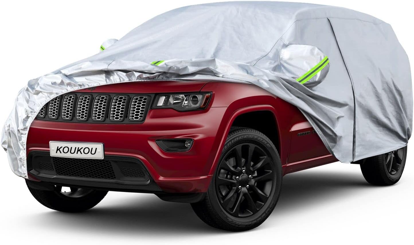 KouKou 6 Layers SUV Car Cover Waterproof All Weather, Universal Fit Jeep Grand Cherokee,Honda Pilot, Lexus RX350, Jeep etc, Outdoor Full Exterior Jeep Covers with Zipper Door. (190 to 201 inches)