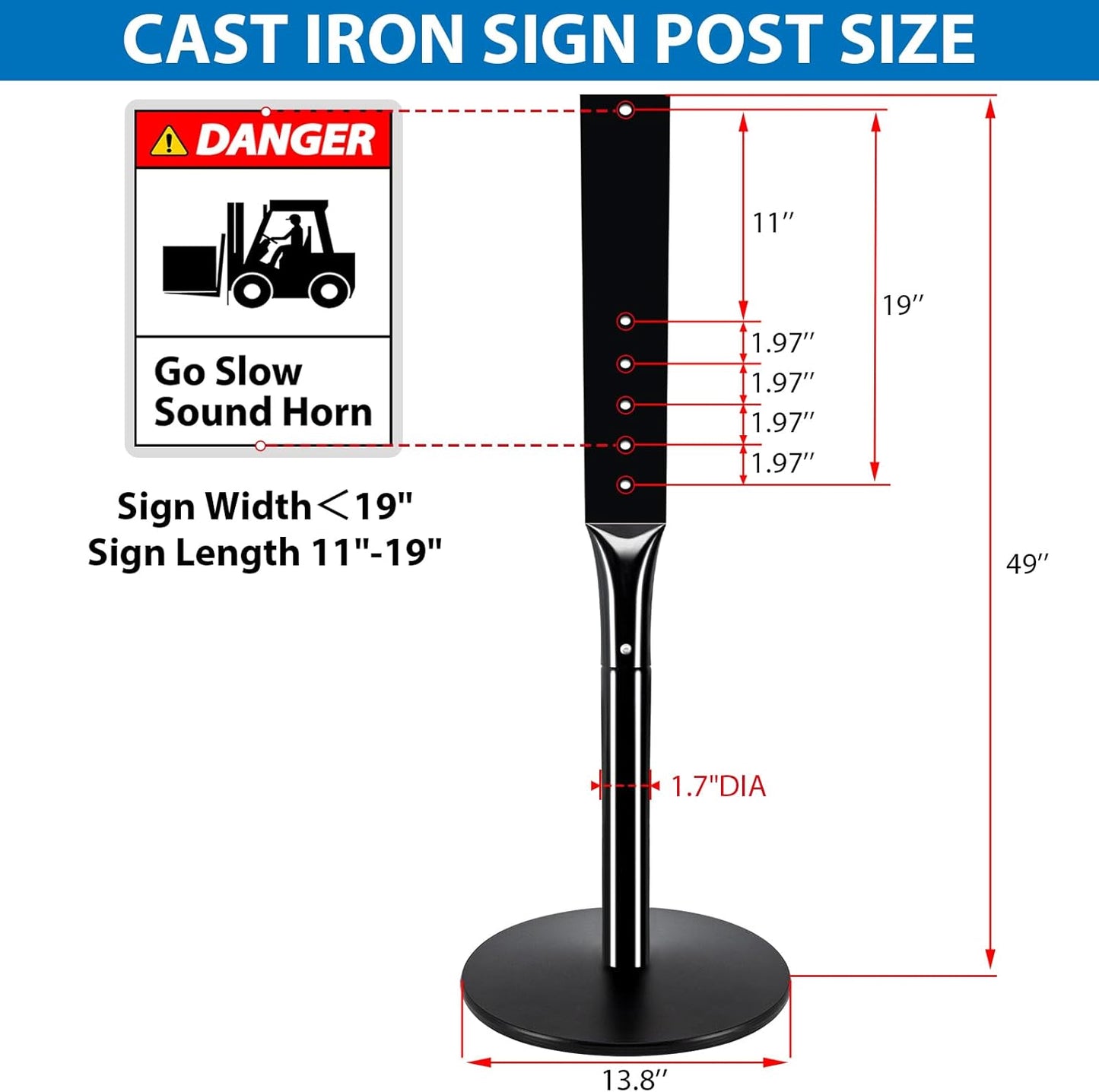Heavy Duty Parking Sign Post Stand 49", 20lbs Cast Iron Base Sign Post for Outside Sign Holder, Yard Sign Stand, Street Sign Post, Black
