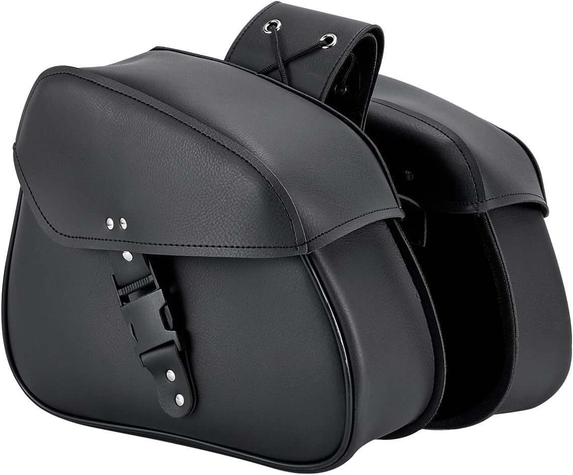 Motorcycle Saddle Bags Synthetic Leather Luggage Bag Waterproof Throw Over Saddlebags For Motorcycle Softails Sportsters Choppers Dyna V-star Shadow (Single Buckle, Black, 12.6 X 8 X 10)