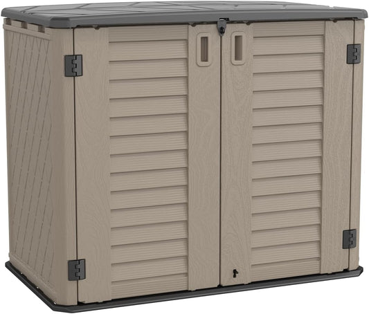 KINYING Outdoor Storage Shed - Horizontal Storage Cabinet Waterproof for Garden, Patio, Backyard, Storage Box for Easy Storage of Garbage Cans, Tools, Lawn Mower, 26 Cubic Feet,Dark Brown