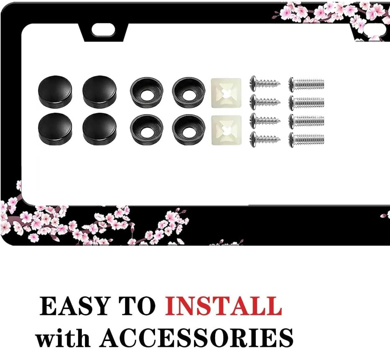 Cherry Blossom License Plate Frame-2 PCS Cherry Floral Flowers License Plate Holder Cover Car Universal Accessories Aluminum Car Tag Frames Fits Standard US Vehicles Size