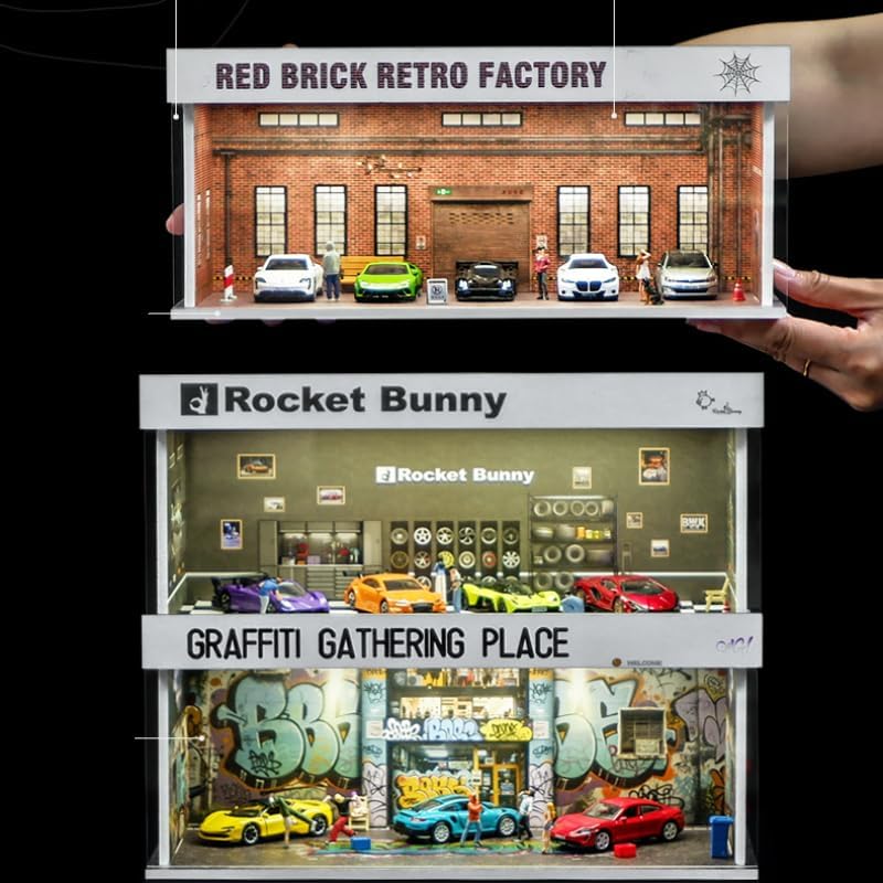 Display Case for Hot Wheels: Stackable Parking Garage for 1/64 Scale Matchbox Toy Car, FoamBoard Storage for Monster Trucks with LED Light and Acrylic Cover, 2025 Upgraded Red Bricks