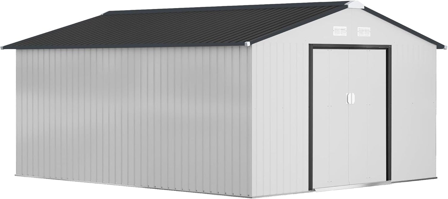 Outsunny 11' x 13' Outdoor Storage Shed, Garden Tool Metal Shed with Foundation Kit, Double Lockable Door, Air Vents and Sloping Roof, for Backyard, Patio, Lawn, White