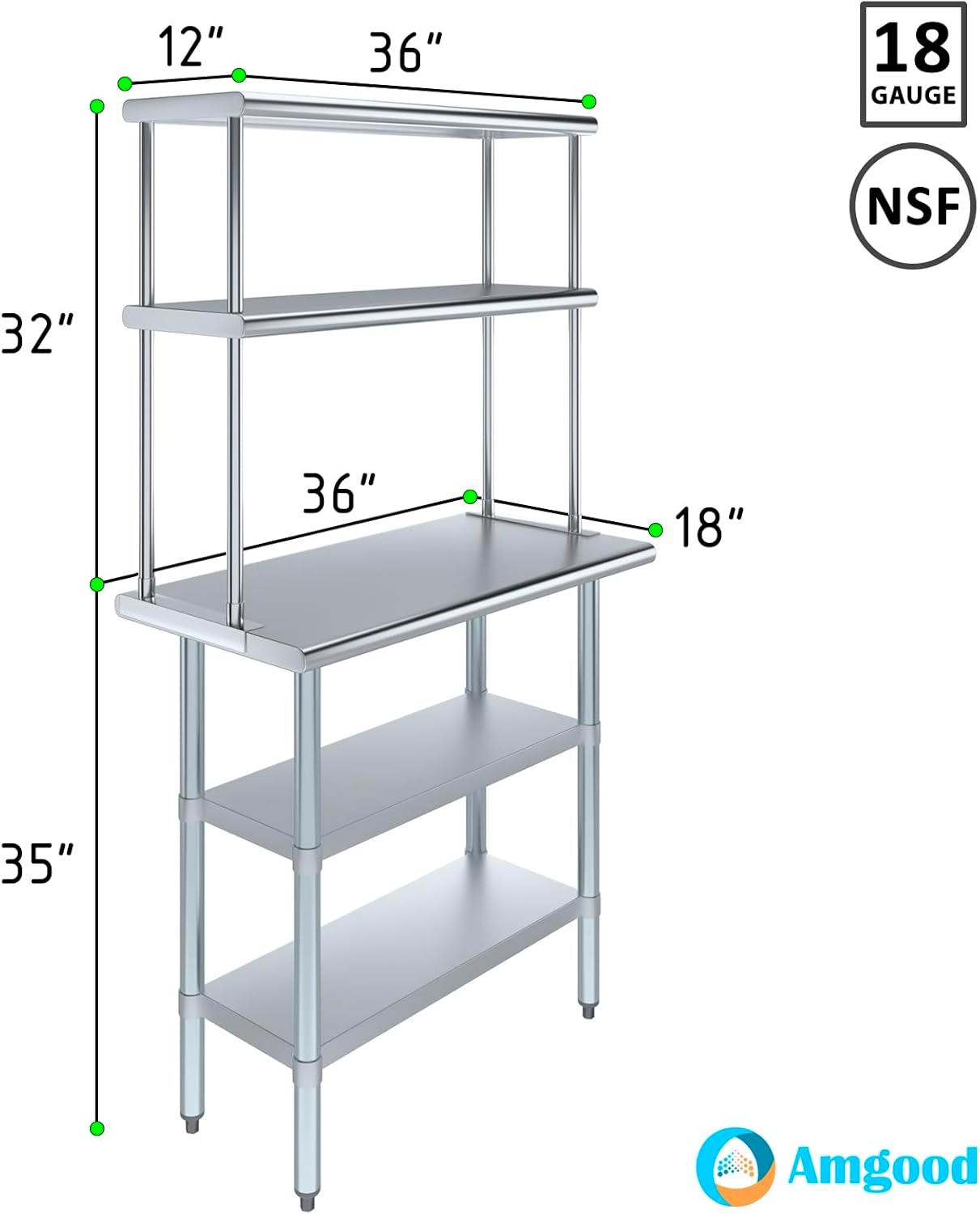 Amgood Stainless Steel Work Table with 2 Shelves | Metal Kitchen Prep Table & Shelving Combo (18" x 36" Table with 2 Shelves + 12" Overshelf)