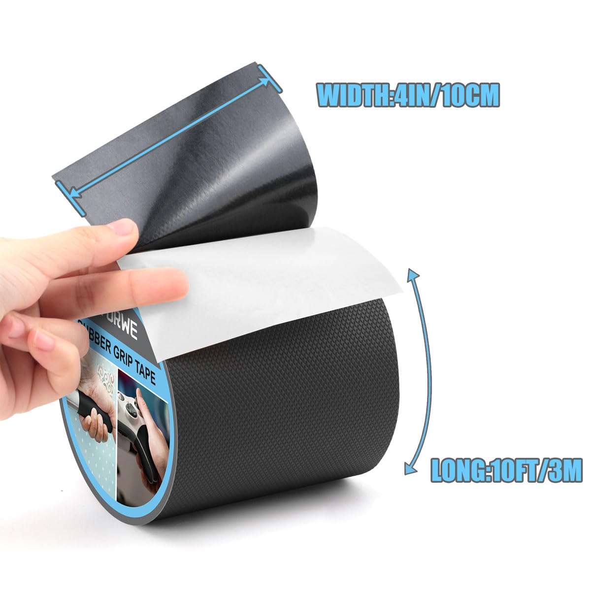 Rubber Grip Tape, Ultra-Thin Strong Adhesive Anti-Slip Waterproof Heat Resistant Wear-Resistant Cushion Pad, Making Handles or Contact Surfaces Safer, with Grip and Comfort (Black, 4In x 10Ft)