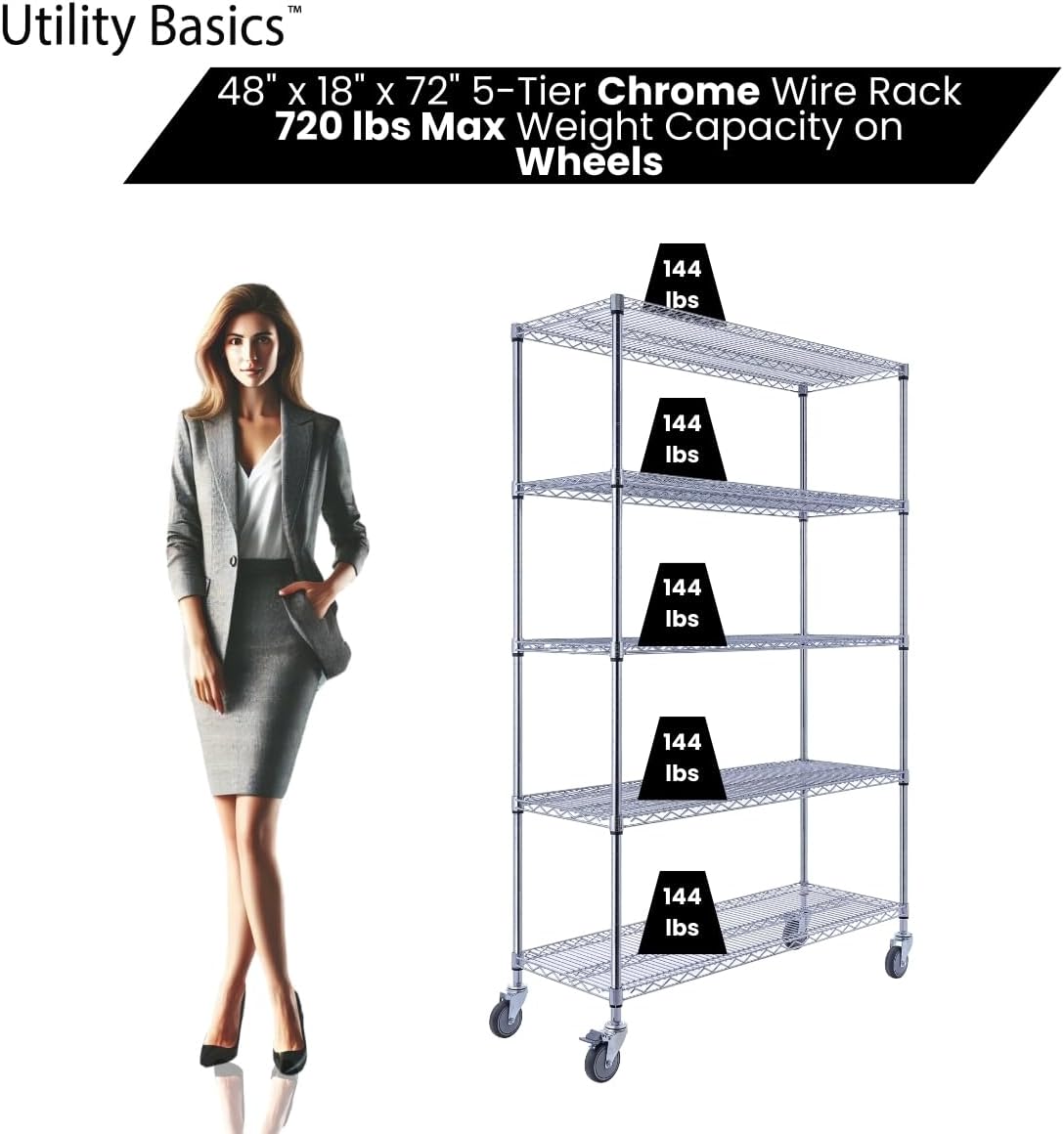 48"x18"x72" Chrome 5-Tier PREMIUM Wire Shelving NSF 4000 LBS MAX CAPACITY Heavy Duty Steel Storage Rack for Warehouses, Garages, Hospitals, Commercial Spaces, & Schools w/PREMIUM WHEELS