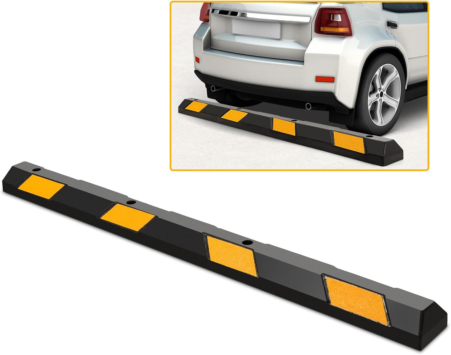 Rubber Parking Curb Garage Floor Stopper, 72" Heavy Duty Parking Lot Stopper with Yellow Reflective Stripes, Guide Wheel Stopper for Car, Truck, RV, Trailer, Driveway (1 Pack