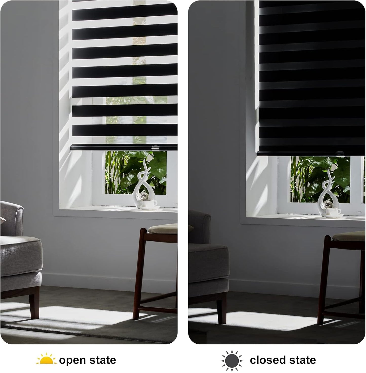 Persilux Cordless Zebra Blinds for Windows Free-Stop Roller Window Shades (39" W X 72" H, Black) Dual Layer Light Control for Day and Night, Light Filtering Sheer Shades for Home, Easy to Install