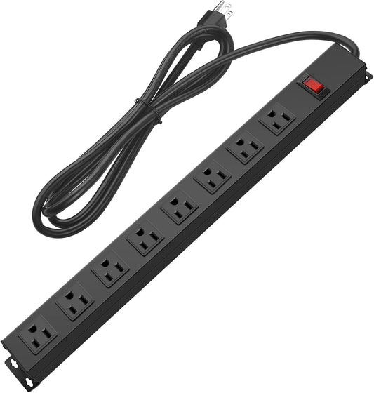 HHSOET Metal 8 Outlet Mountable Power Strip, Wall Mount Outlet Heavy Duty, Wide Spaced Commercial Shop Power Strip with Switch, 15A 125V 1875W, 6 FT SJT 14AWG Power Cord.(Black)