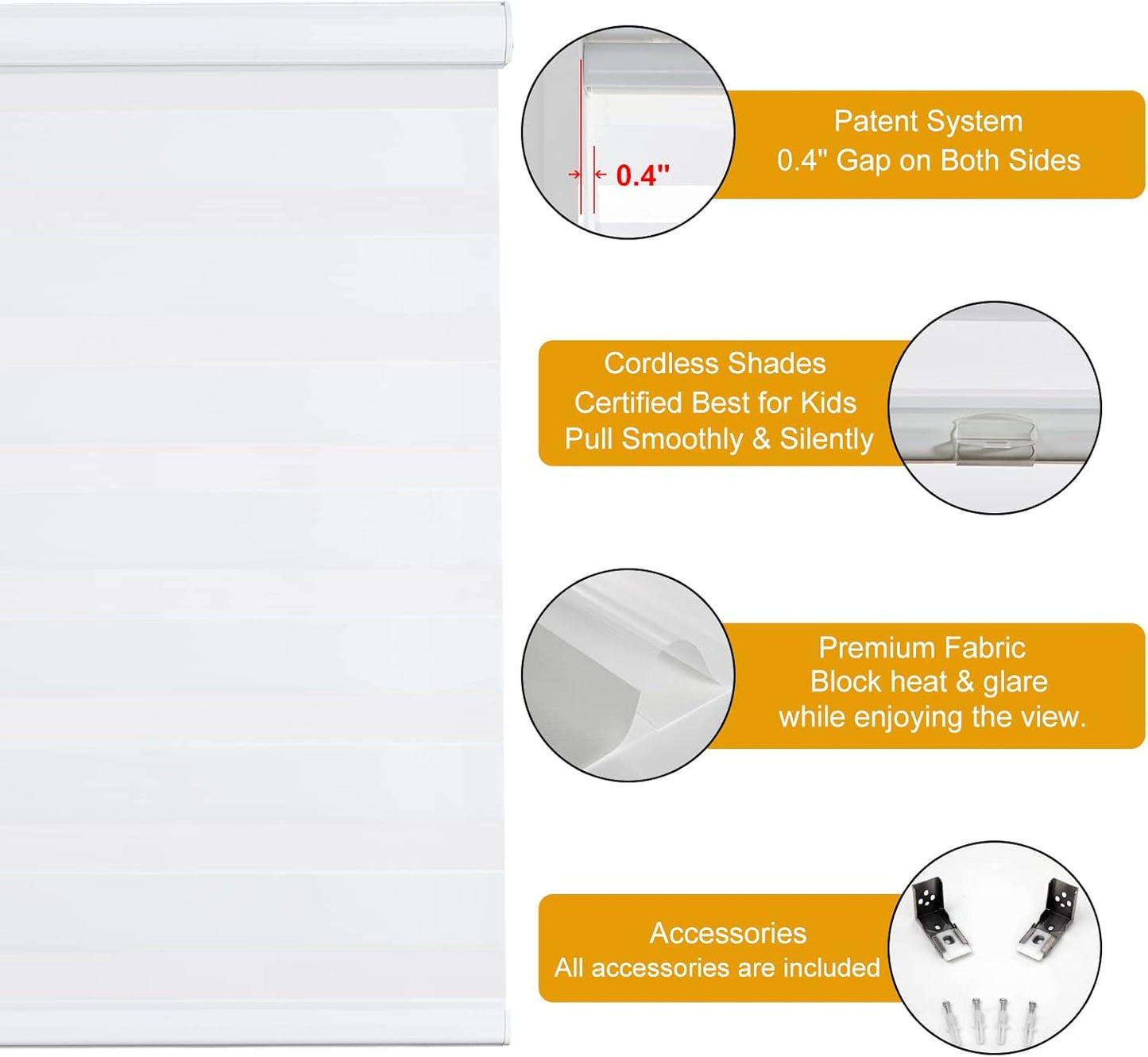 Persilux Cordless Zebra Blinds for Indoor Windows, Free-Stop Zebra Blinds Cordless, Light Filtering Sheer Shades Dual Layer for Day and Night, Zebra Roller Shades for Home (35.25" W X 47" H, White)