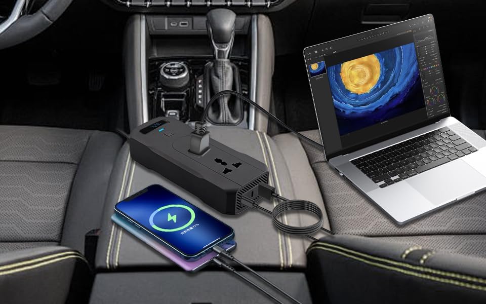 AUTTGINN 200W Car Power Inverter DC 12v to 110v AC Car Plug Adapter Outlet Converter with 24W 3.1A USB and 30W Dual USB-C Car Charger for Laptop Computer Phone