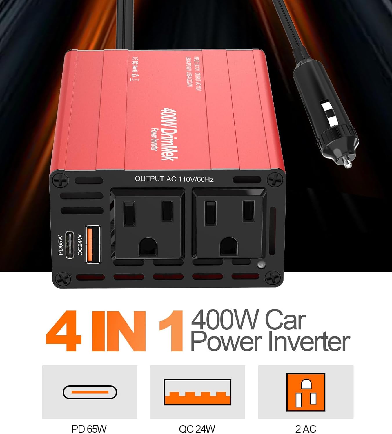 400W Car Power Inverter - Dual DC 12V to 110V AC Car Plug Adapter Outlets, Fast Charging USB C 65W & 24W Port, Power Inverters for Vehicles, Laptop Car Charger, Road Trips