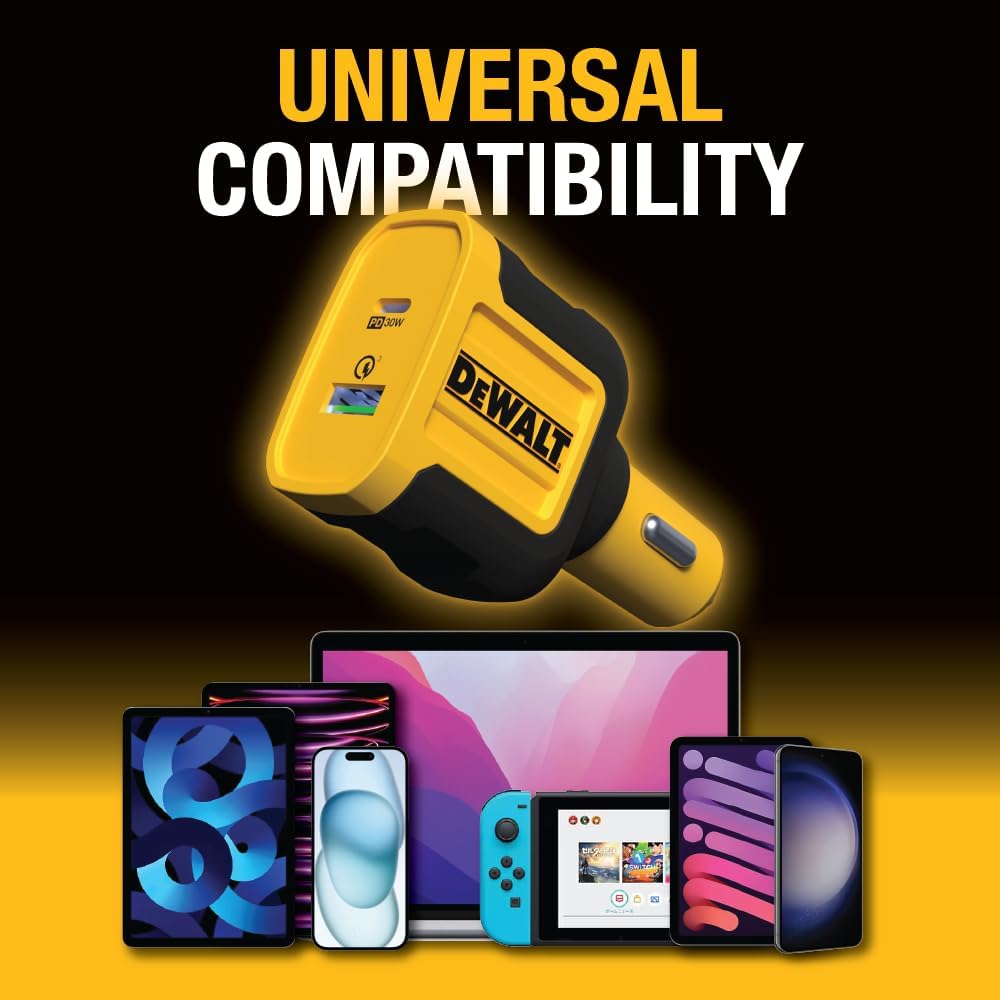 DEWALT Heavy Duty USB + USB C Car Charger Adapter, 49.5W Cigarette Lighter USBA Charger, PD Car Charging Adapter PPS 30W Quick Charge 3.0 Fast Charging for iPhone 16/15 Pro Max, Samsung Galaxy, Pixel