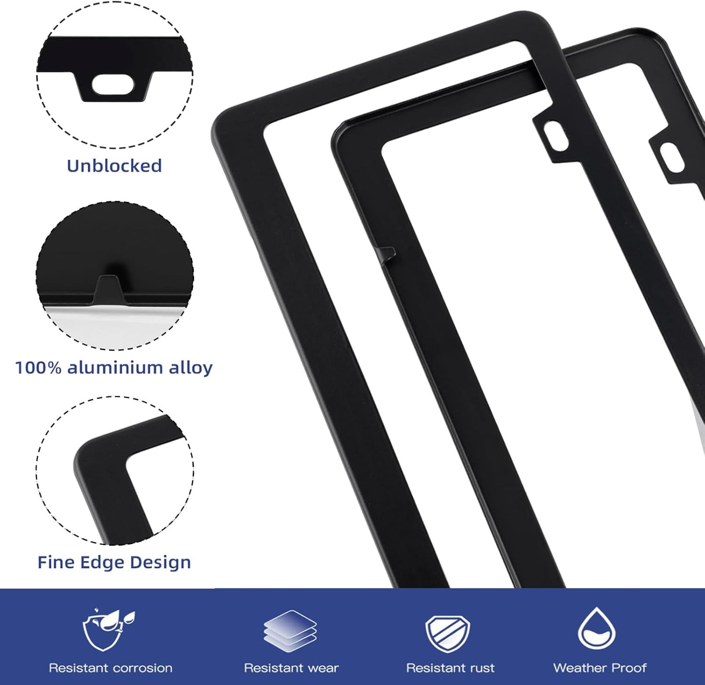 2 Pack Black License Plate Frame, Black Aluminum License Plate Cover, Matte License Plate Front and Rear 2 Packs. (2 Holes), Come with Screw Cap, Screw,Washer