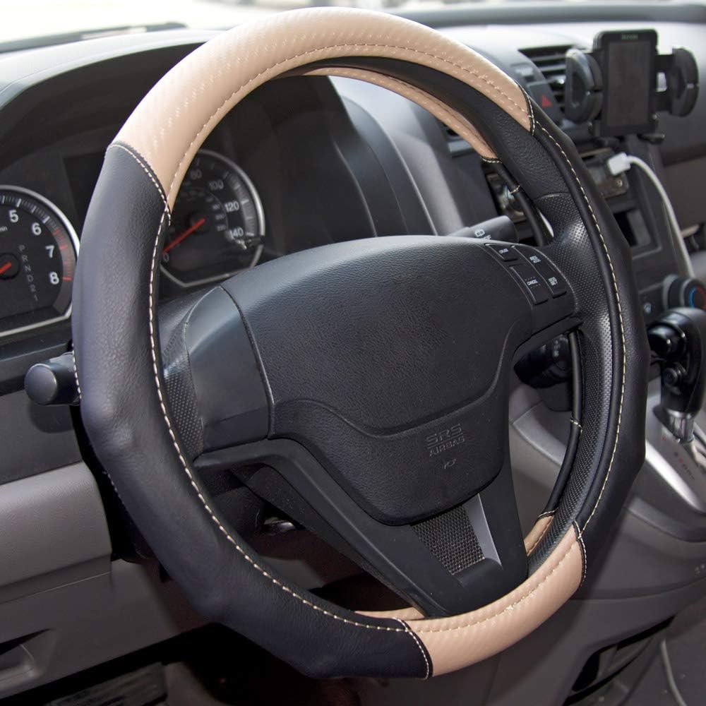 Motor Trend GripDrive Carbon Fiber Steering Wheel Cover, Non-Slip Sporty Racing Faux Leather Ergonomic Comfortable Handle, Steering Wheel Cover for Cars Trucks Vans SUV - Fits Standard 15 Inch - Beige