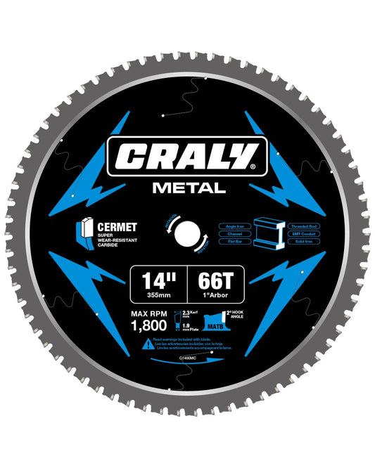 CRALY 14 Inch 66 Teeth Steel and Ferrous Metal Cutting Circular Saw Blade, 1 Inch Arbor, Thin Kerf, Professional Cermet Carbide Tipped Blade for Angle Iron, Threaded Rod, EMT Conduit(C1466MC)