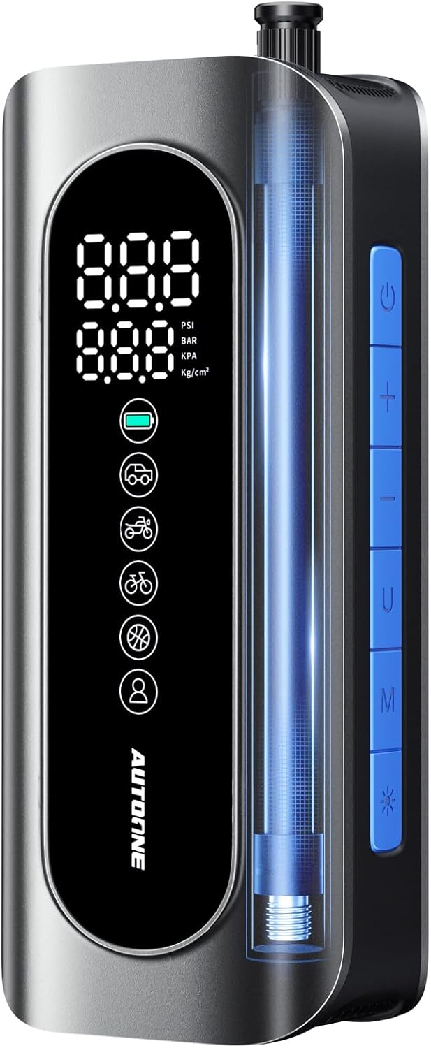 AUTOONE Tire Inflator Portable Air Compressor, 150PSI Air Pump for Car Tires with Tire Pressure Gauge, 3X Faster One Click Smart Cordless Tire Air Pump for Car, Motorcycle, Bike, Ball and More