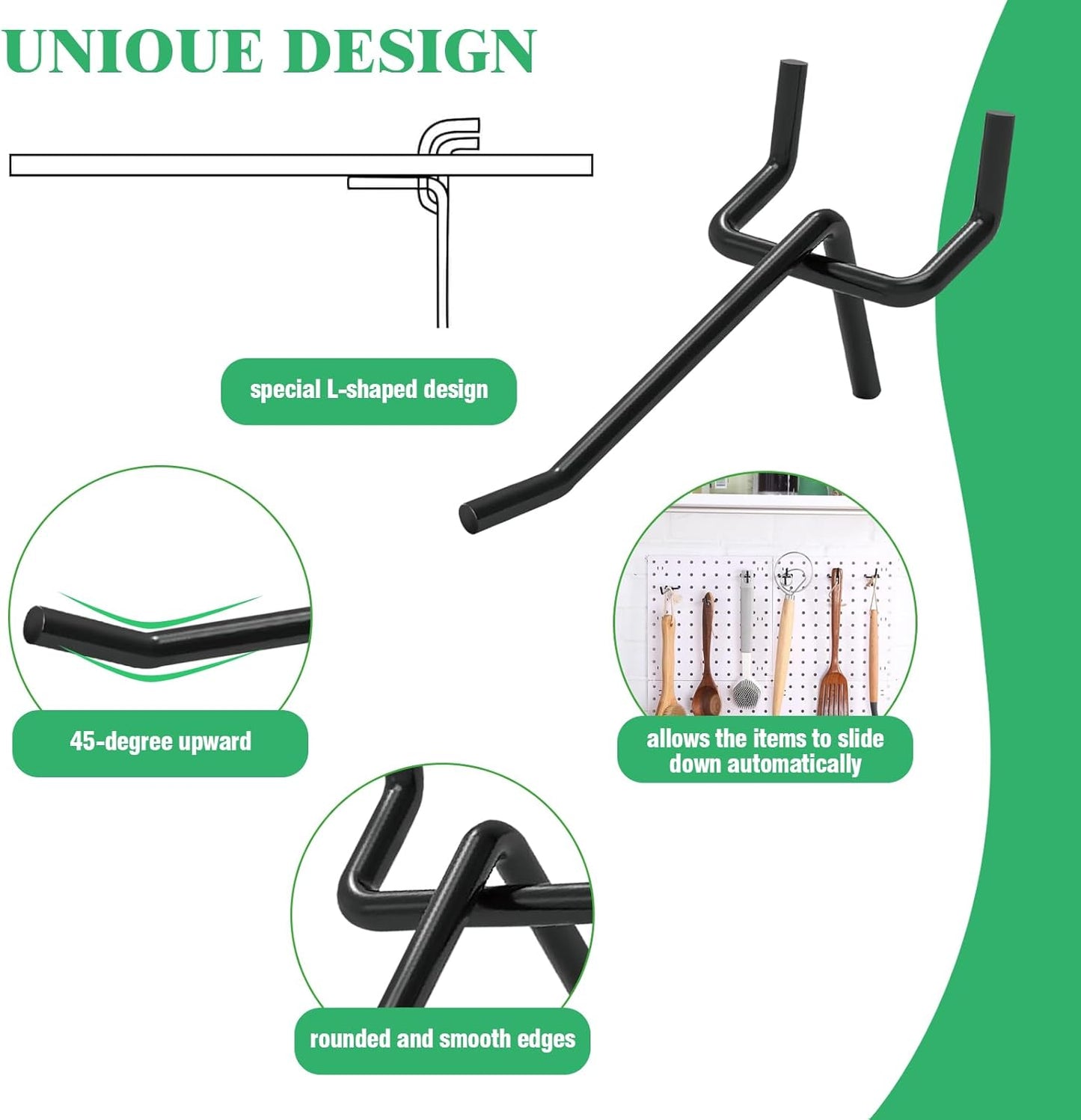 50Pcs 2"/5CM Pegboard Hooks Assortment Set, Metal Peg Board Hooks with 2.5mm Hole Pitch 4mm Wire Diameter Slatwall Hanging Hook for Garage Organization Wall Hanging (Black)