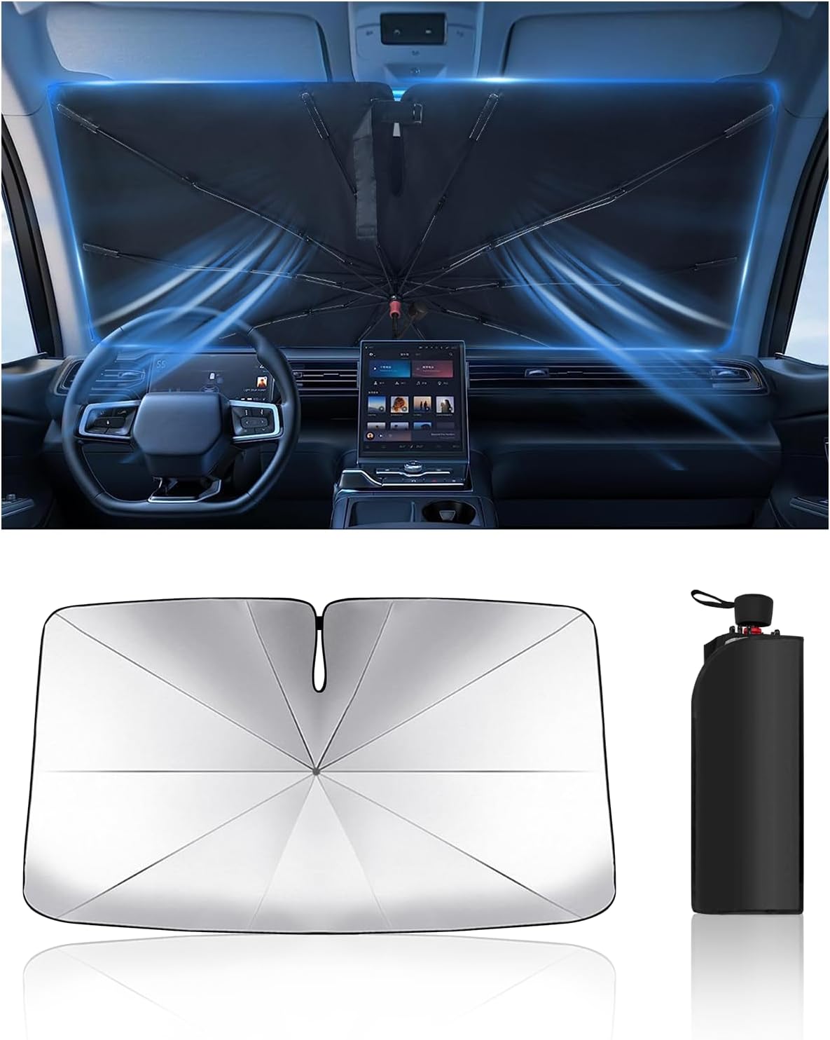 Car Windshield Sun Shade-Sun Ray Reflective Front Window Cover,Foldable Car Sunshade Windshield Umbrella with Bendable Handle for Heat and Sun Protection,Easy to Install for Cars,SUVs,Trucks and Vans