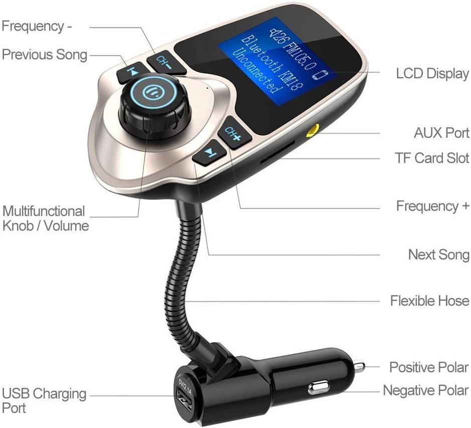 Nulaxy Bluetooth Car FM Transmitter Audio Adapter Receiver Wireless Handsfree Voltmeter Car Kit TF Card AUX 1.44 Display - KM18 Golden