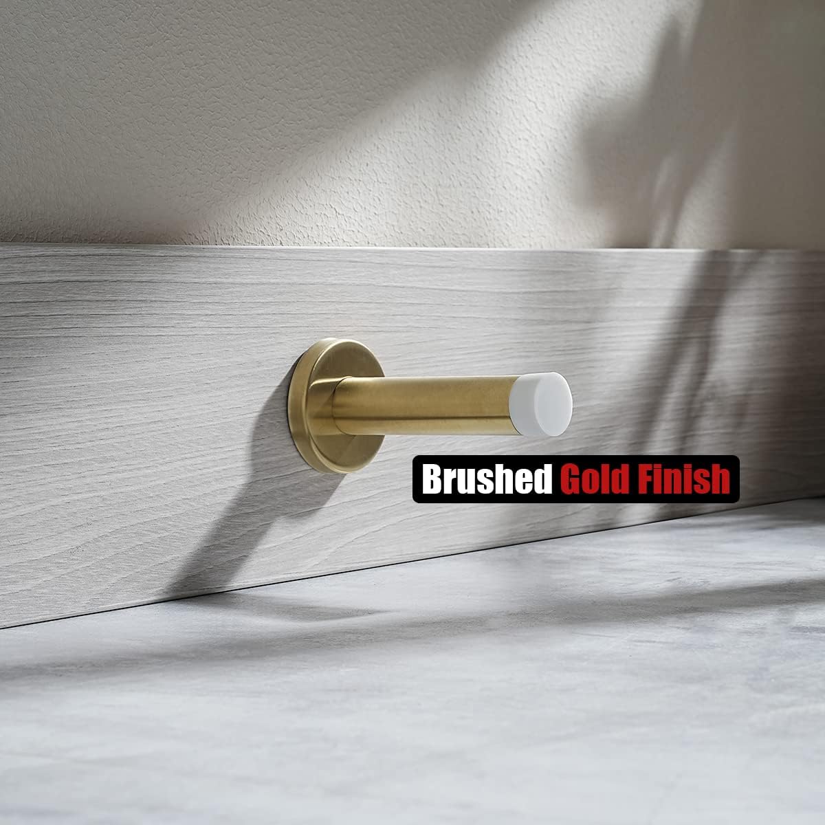 JQK Door Stopper Gold, 304 Stainless Steel Thicken 1mm Sound Dampening Door Stop Bumper Wall Protetor 2 Pack, Brushed Gold Black Tip, DSB5-WG-P2