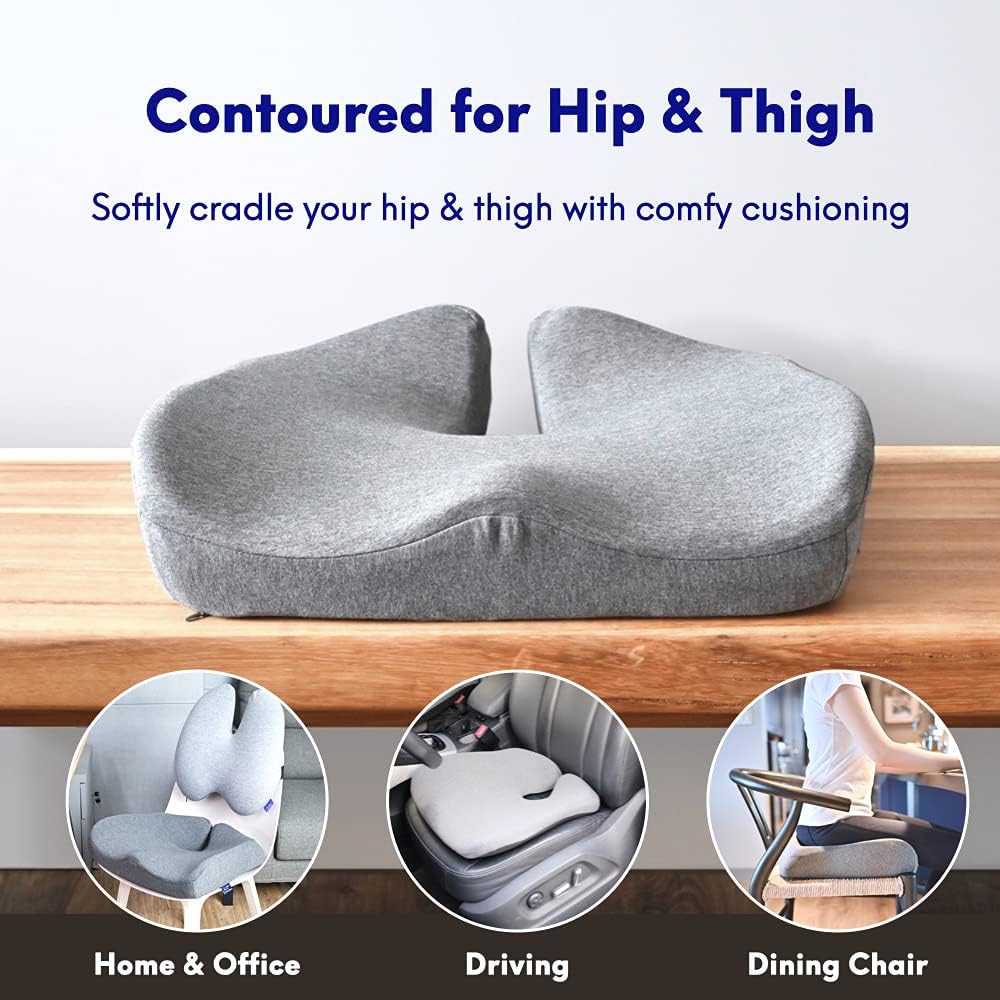 C CUSHION LAB Patented Pressure Relief Seat Cushion for Long Sitting Hours on Office/Home Chair, Car, Wheelchair - Extra-Dense Memory Foam for Hip, Tailbone, Coccyx, Sciatica - Light Grey