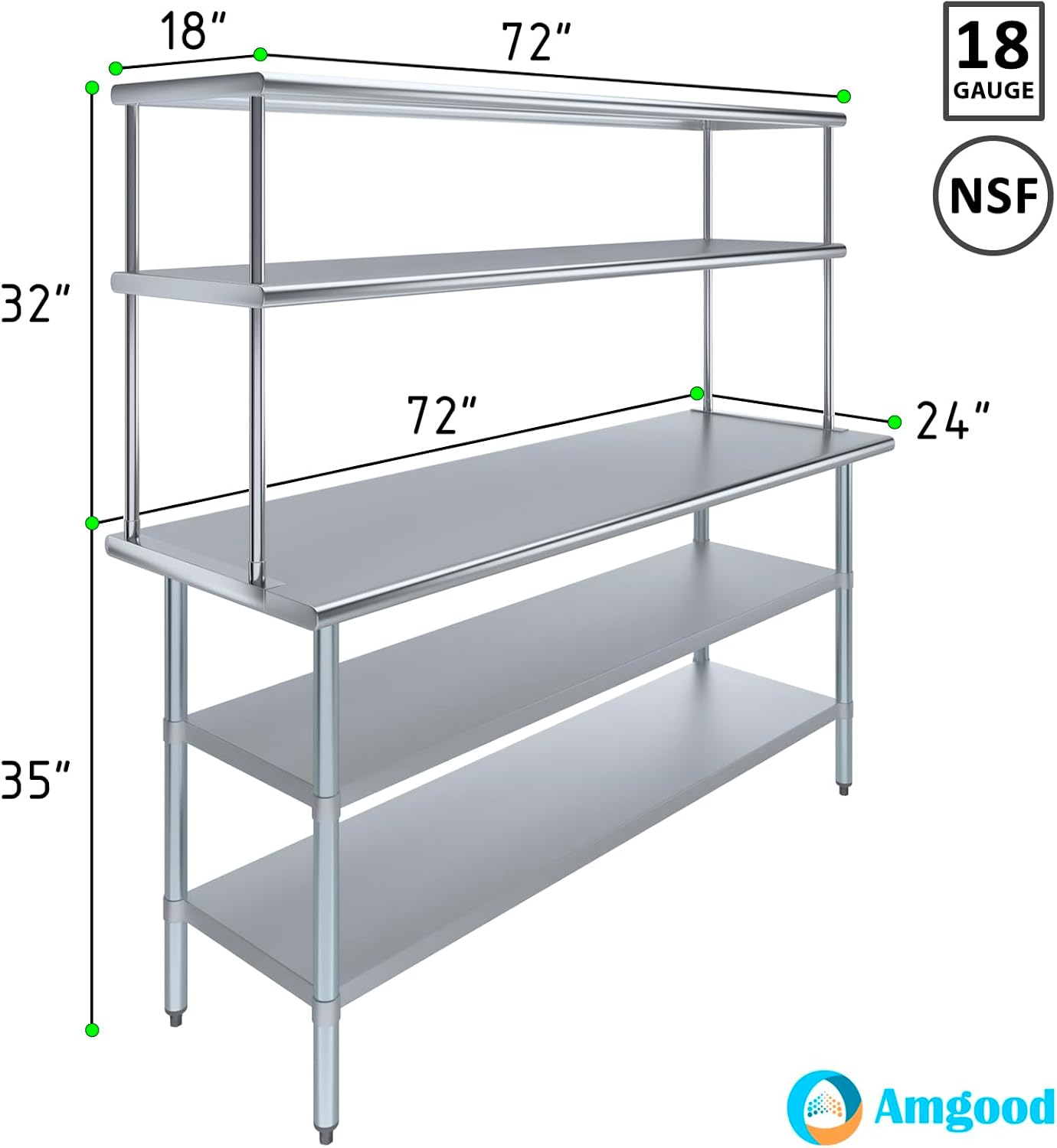AmGood Stainless Steel Work Table with 2 Shelves | NSF (24" x 72" Table with 2 Shelves + 18" Overshelf)